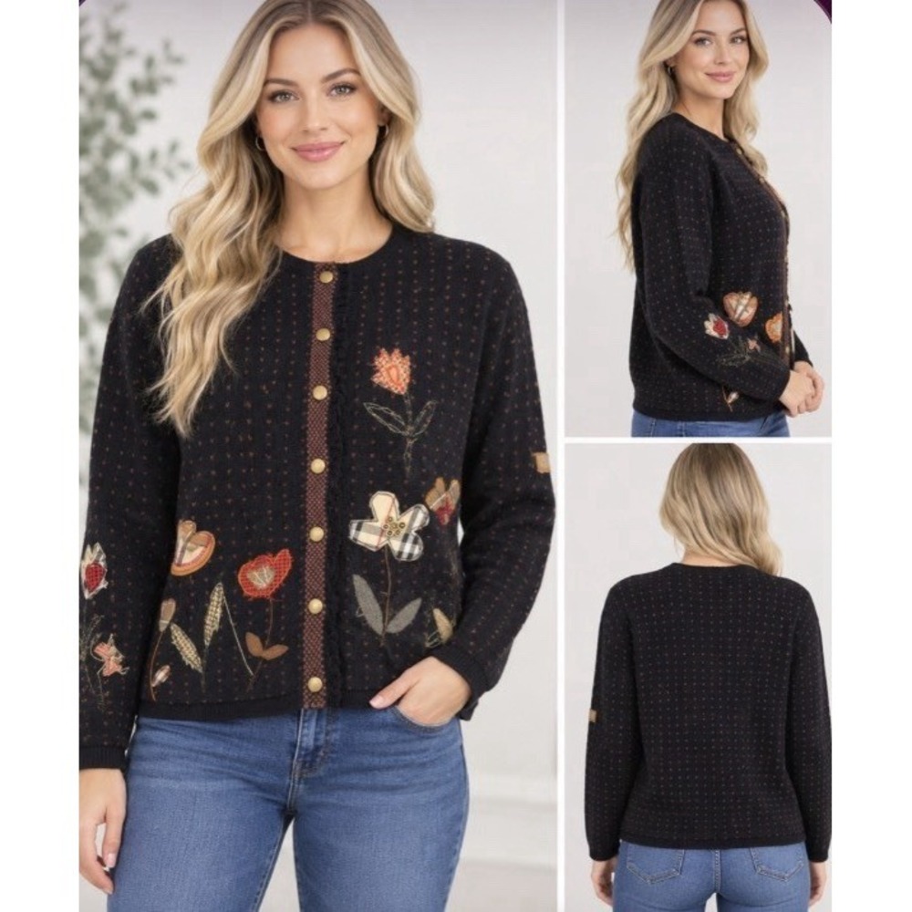 Susan Bristol Floral Embroidered Cardigan Sweater Women's L Cottagecore VTG